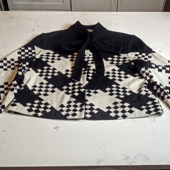 KNY Kourosh B&W Print Tie-Front Knit Wool Cardigan - Picture 3 of 7